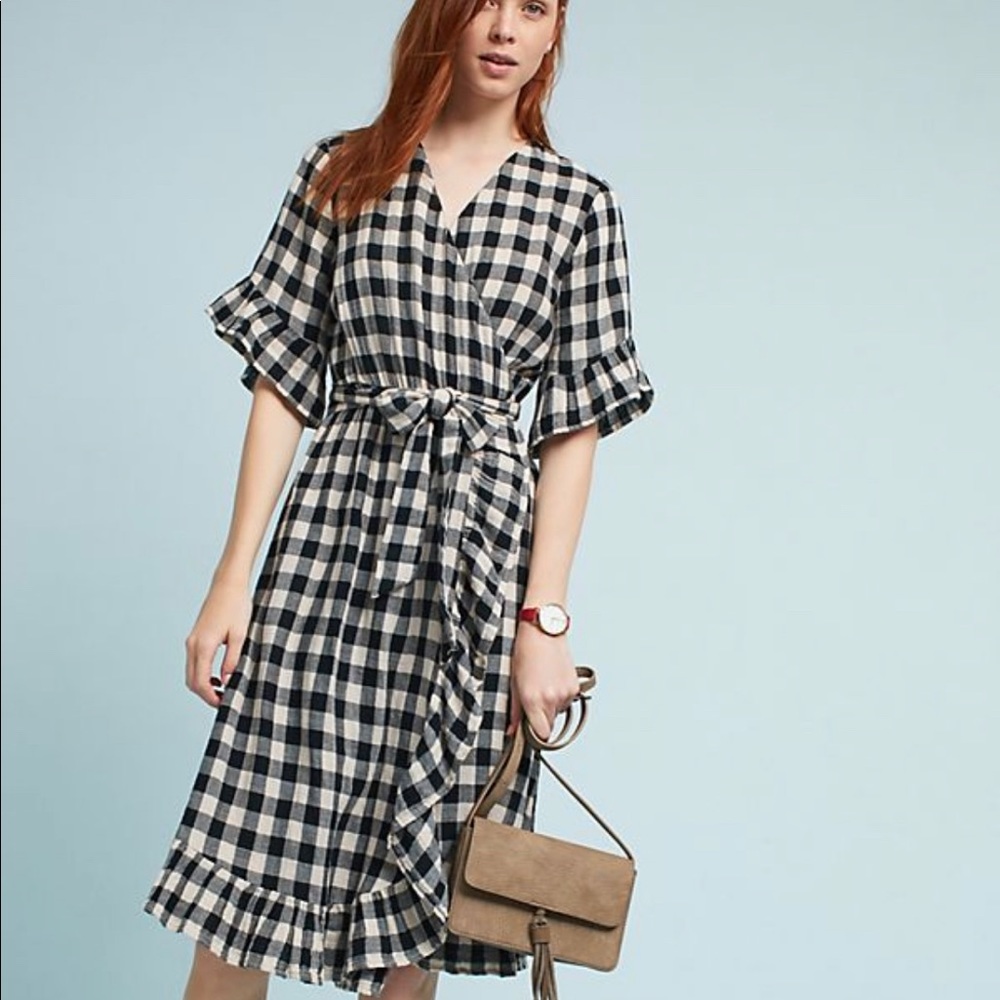EUC! Anthropologie Gingham Flutter Wrap Dress